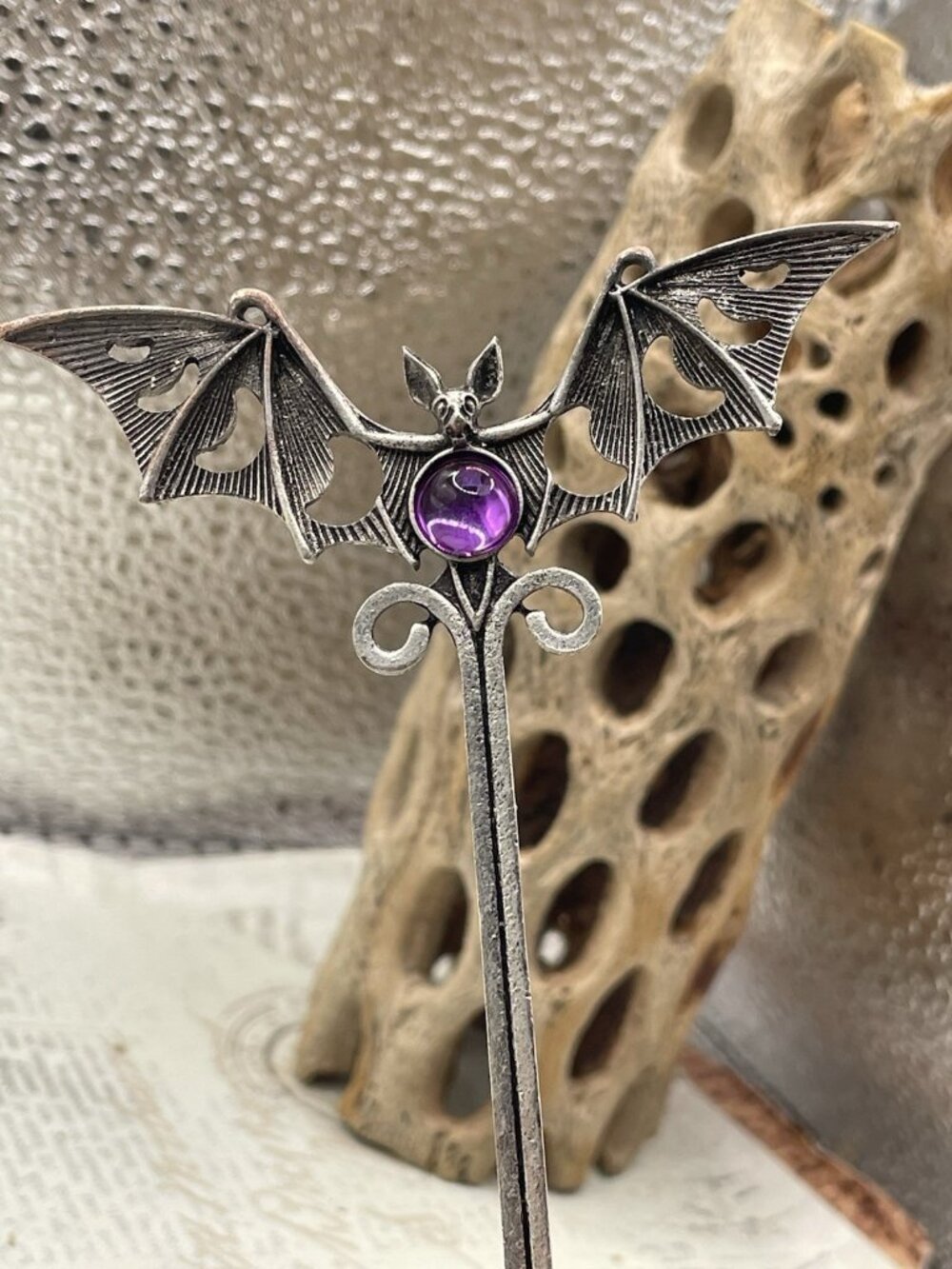 HALLOWEEN Bat Bats Gothic Celti Moon magic Spell Love Hair Clip PIN silvertone
